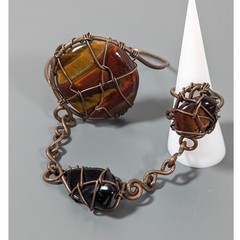 Artisan Copper Tiger’s Eye Wire Wrapped Slave Bracelet Ring Hand Chain Set