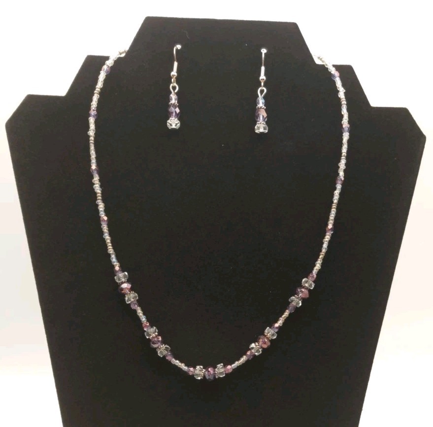 Handcrafted Jewelry Set Purple Earrings & Necklace