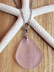 Sea Glass Necklace w Lt Pink Etched «Health» Pendant (Breast Cancer/WomensHealth