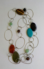 Oval Multi Stone Necklace Plastic Bead Metal No Clasp Tiger Eye Onyx Green