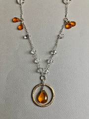 Handmade QUARTZ, Amber Glass, TWO TONE Sterling & Gold Plated Necklace 20.5 in