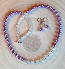 FACETED CRYSTAL LAVENDER glass pearl SP necklace set LEVERBACK
