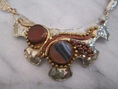 Artisan Agate Hammered Metal Bib Statement Necklace Mexico Vintage Boho