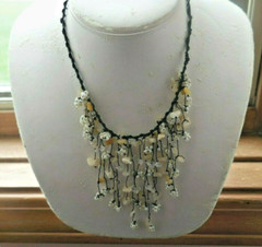 Amber Quartz «Pearl» & «Citrine» Beads Fringe Bib Necklace Black Cord Adjustable