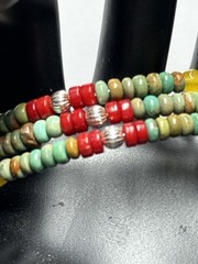 Arizona Turquoise, Coral, & Sterling Beads 3-Coil Memory Wire Bracelet