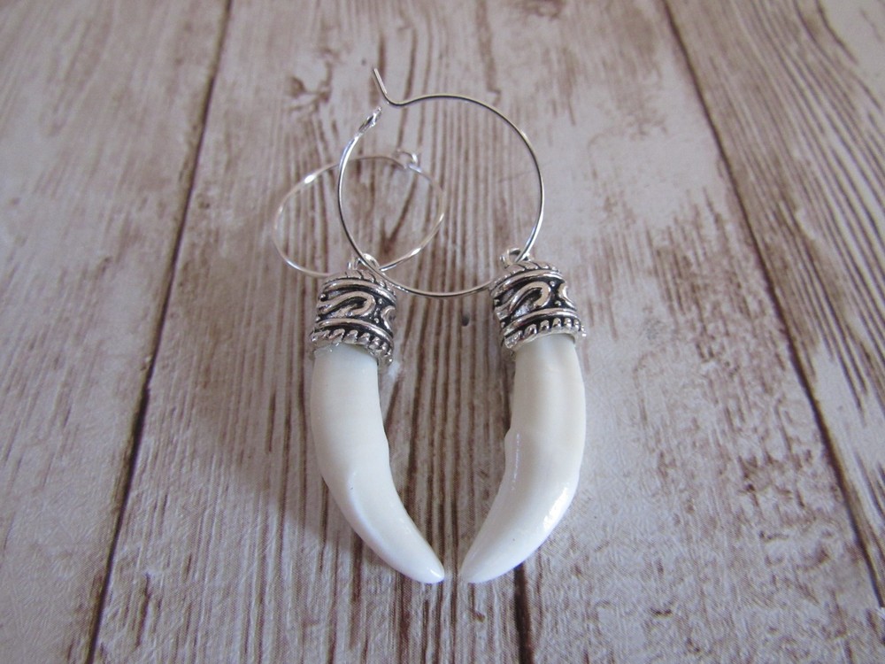 Fox Teeth Earrings Tibetan Silver Animal Bone Spirit Animal Jewelry SP Hoops