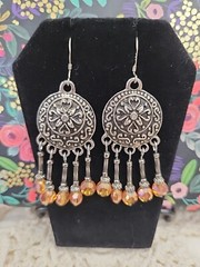 Bohemian Artisan Mandala Apricot Irredescent Bead Drop Earrings Pierced 925 Wire