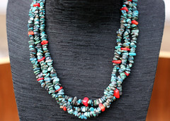 Vintage Turquoise Red Coral Nuggets Multi-Strand Necklace w/ Silver Clasp 16.25′