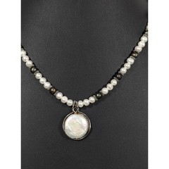 Artisan Pearl Necklace White Gray Pearls Mabe Pearl Pendant Silver Tone 16″
