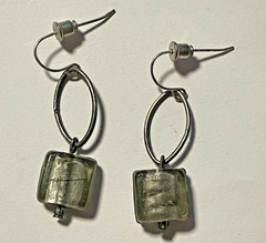 Handcrafted Greenish/Silver Resin Silver Tone Dangle Earrings Hook Artistic D285