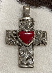 Filigree Sterling & Red Jasper Heart Cross, 2″x 1 1/4″, 16 Grams