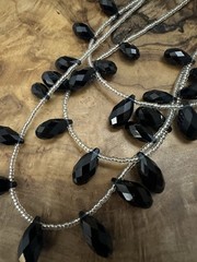 Black Faceted Teardrop Triple Layer Seed Beaded Statement Necklace 925 Clasp