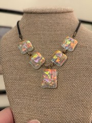 Vintage Rare Find Dichroic Art Glass Pendant Necklace On SatinCord Barrel Clasp