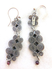 Artisan Signed ROY Wrapped Silver Wire 2.25″ Earrings Silver Beads Garnet Drops