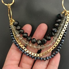 Layered Bib Necklace Gold Tone Black Gray Crystal Israeli Artisan Statement 90s