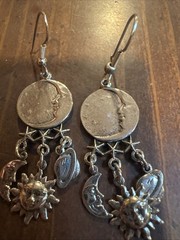 Sun Crescent Moon Saturn Earrings Star Dangle Silver Tone 2” Artisan