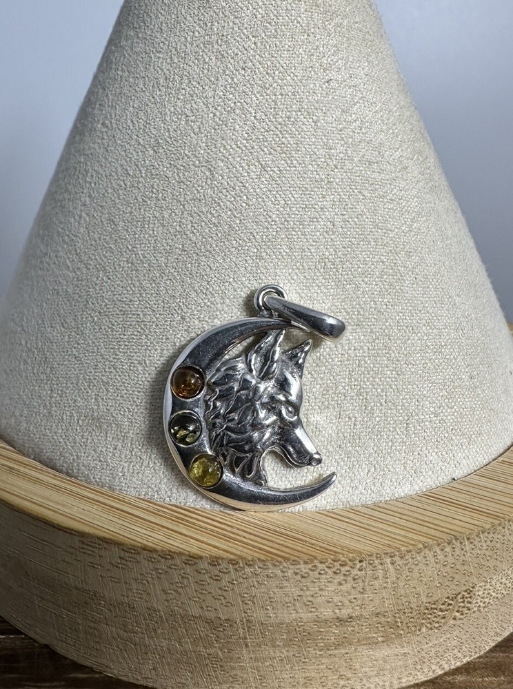 Handmade 925 Sterling Silver Crescent Moon and Wolf Head Baltic Amber Pendant