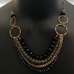 Layered Bib Necklace Gold Tone Black Gray Crystal Israeli Artisan Statement 90s
