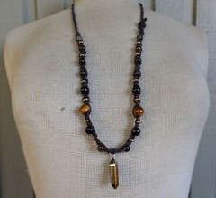 Tiger’s Eye Double Terminated Point Adjustable Hemp Necklace w Onyx Smoky Quartz