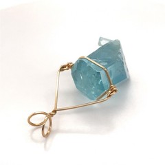 14k Yellow Gold 1-11/16” High Wire Wrapped Aquamarine Crystal Pendant, 9 Grams