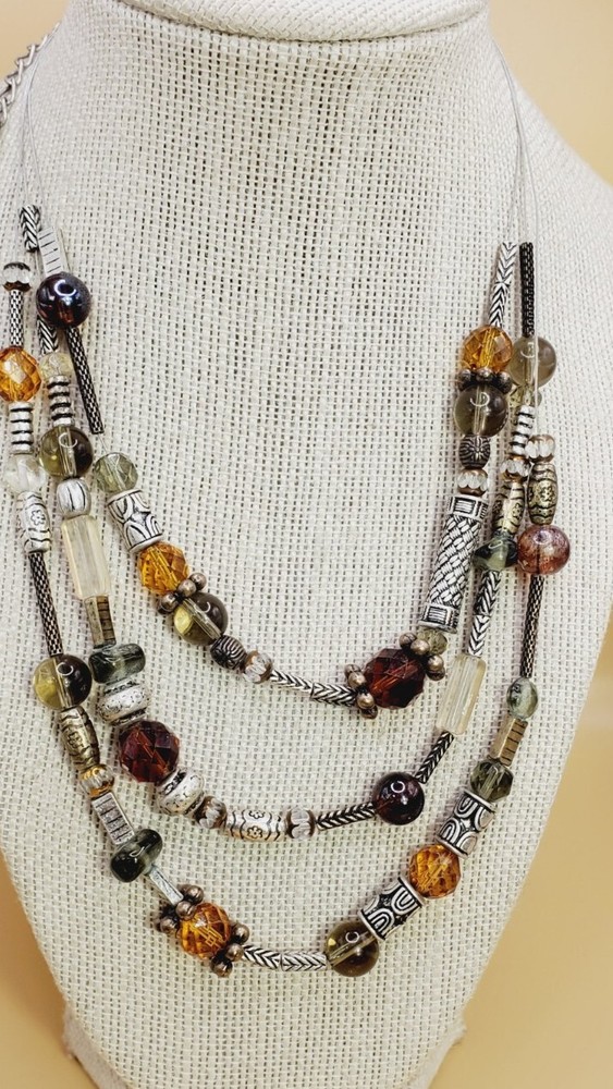 Premier Designs 3 Strand Brown Glass & Silver tone 16 – 19″ Beaded Necklace