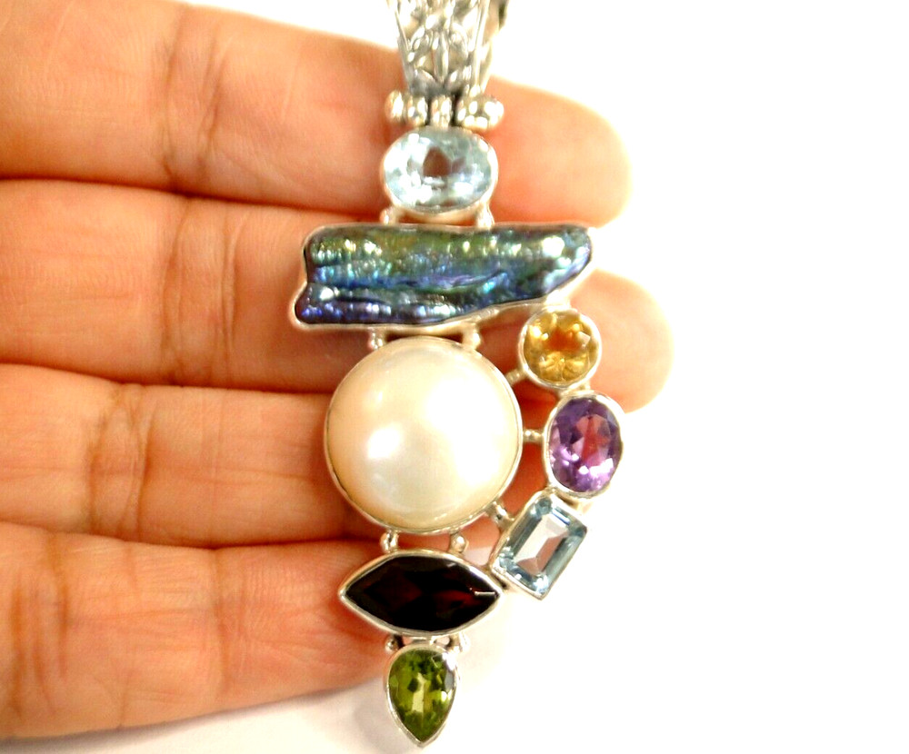 White Mabe Pearl Black Biwa Multi Gemstone 925 Sterling Silver Pendant