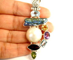 White Mabe Pearl Black Biwa Multi Gemstone 925 Sterling Silver Pendant