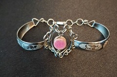Alpaca Silver Bangle & Chain Bracelet w/ Aztec Etchings & Pink Gemstone-7″-8″