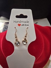 Handmade with love Dangle Drop Earrings Gold Tone Clear Round Stones Hook
