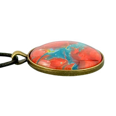 Pendant Necklace Handmade «Caribbean Coral» Brass Bezel & Tray 38mm Black Cord