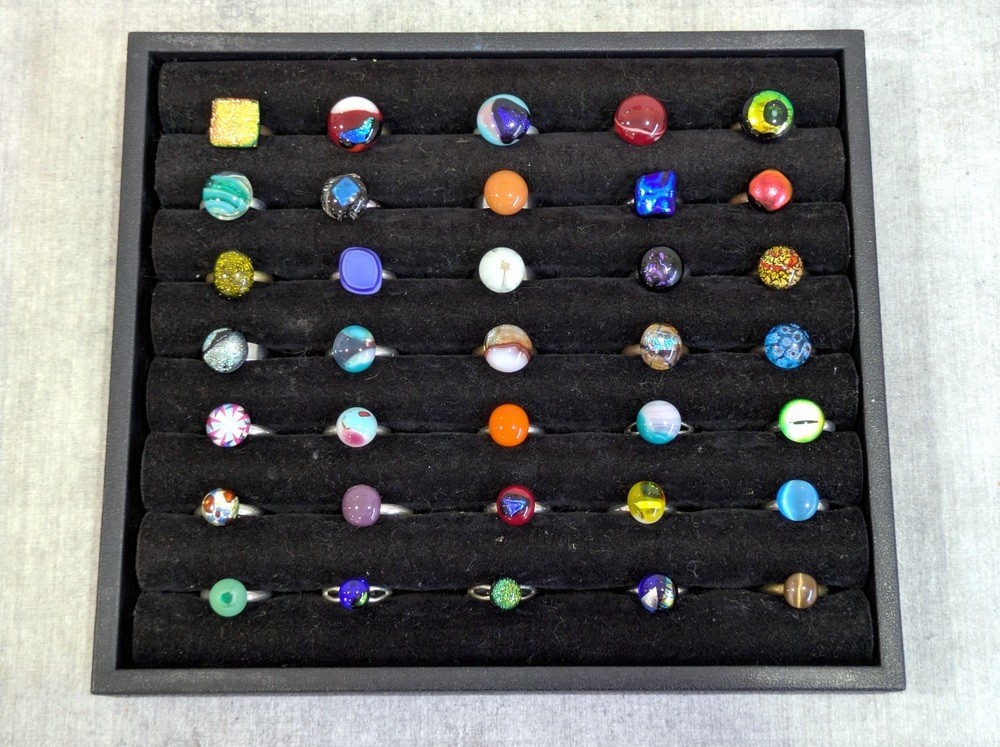 35 Adjustable Glass Rings Handmade Dichroic Mix PLUS Tray Wholesale Resale Lot