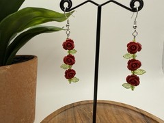 Red Rose Dangle Earrings 2.5″ Floral Statement Nickel Free Hook Romantic Jewelry