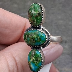 Sonoran Gold Turquoise Ring Adjustable 6-8 Sterling Silver 3 Stone Southwestern