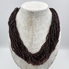 Vintage ARTS & CRAFTS Multistrand Aubergine Glass Bead Horn Clasp Necklace 22″