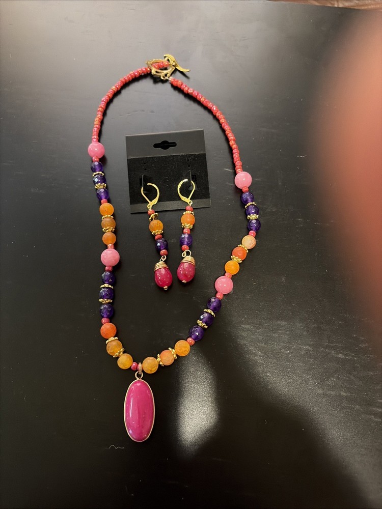Unique Jewelry set Pink /Purple beaded necklace and earring set