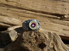Scroll Design Stainless Steel BULLET Ring -BRASS 9 mm Bullet. Optional Crystal.