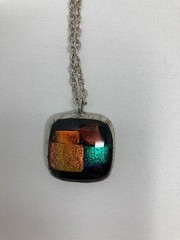 Handmade Fused Glass Jewelry Pendant, Black, Gold, Blue, Orange, Copper