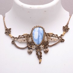 Handmade Natural Blue Opal Gemstone Bohemian Macrame Healing Choker Necklace