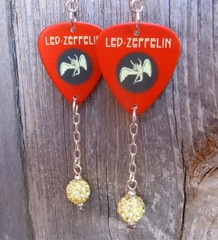 Led Zeppelin Icarus Guitar Pick Earrings with Pale Yellow Pave Bead Dangles