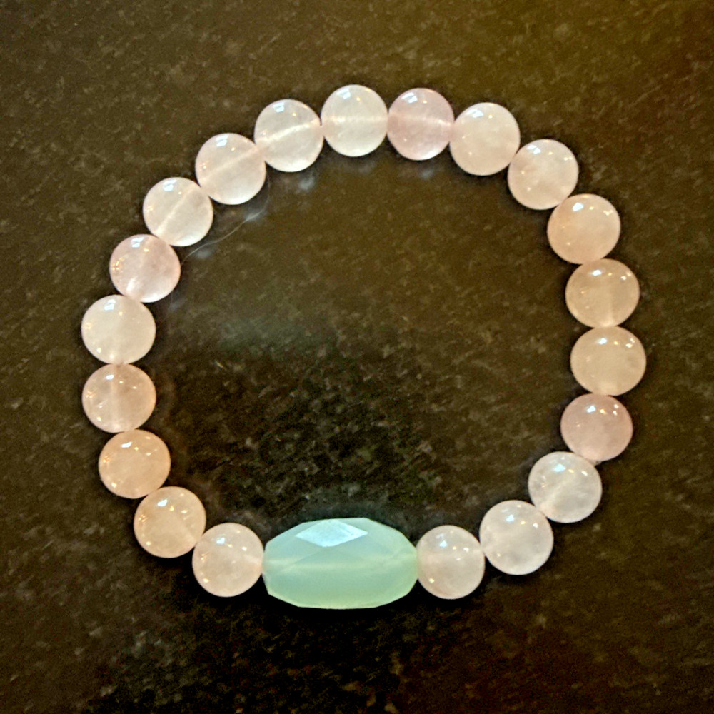 STACKABLE ENERGY BRACELET Seafoam Green CHALCEDONY PINK ROSE QUARTZ Heart Chakra