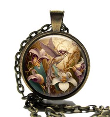 Hummingbird Flight Art Nouveau Glass Top Pendant Necklace Handmade Photo Jewelry