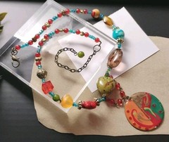 Artisan! 18″ Chunky Mixed Media Beads w/Hand Painted Enamel Pendant Necklace!