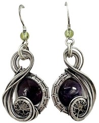 Amethyst Steampunk «Swish» Earrings in Sterling Silver with Peridot
