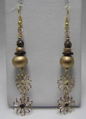 Gold Blue Brown Wooden Beads Flowers Bohemian G.T. 3 1/4″ DROP Hook Earrings