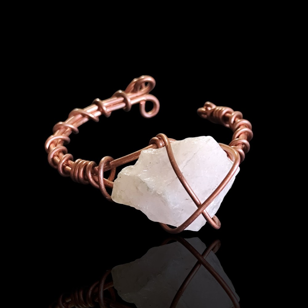 Solid Copper Quartz Stone Wire Wrap Cuff Bracelet 7in Asymmetrical Healing