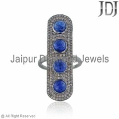 Genuine Blue Sapphire Pave Diamond Ring 925 Solid Silver Ring Victorian Jewelry