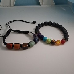 Lot 2 Beaded Bracelets: Braided Adjustable Cord & Black Lava Stretch