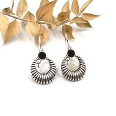 Lightweight Boho Bohemian Silver Black Zircon Fluted Crescent Dangle Earrings