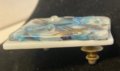 Fused Art Glass Brooch Pin – Metallic Blue – White, Black, Gold