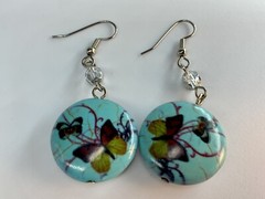 HANDCRAFTED BUTTERFLY PATTERN CYAN COLORED ROUND DROP EARRING Light Blue Color